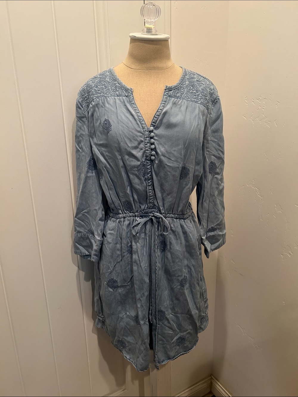 Holding Horses Light Blue Button-Front Embroidered Dress